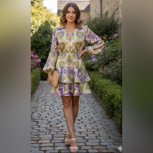 BEULAHSTYLE Geometric Print Purple&Green Long Sleeve Tiered mini Dress.NWT SizeM